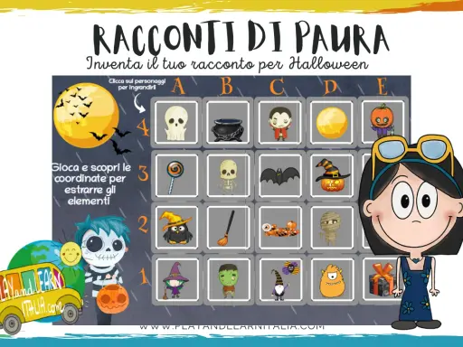 Un gioco per creare storie paurose di Halloween con personaggi spaventosi, zucche e pipistrelli.