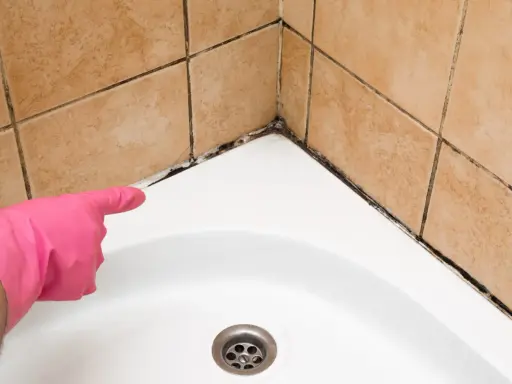 Mit einem rosa Handschuh wird auf den Schimmel an der Duschwanne gezeigt. Zeit, die Duschwanne zu reinigen!
