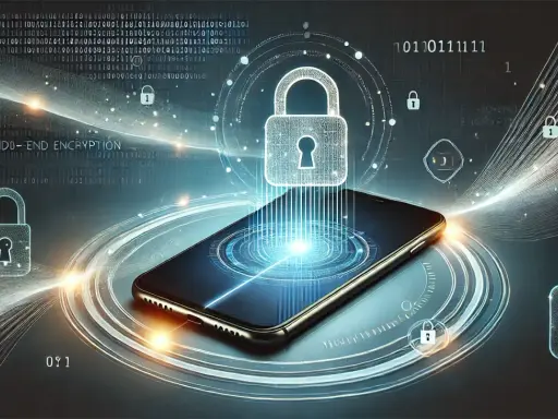 Telefon z symbolami kłódek i tekstem "END-TO-END ENCRYPTION" ilustruje zaawansowane metody szyfrowania.
