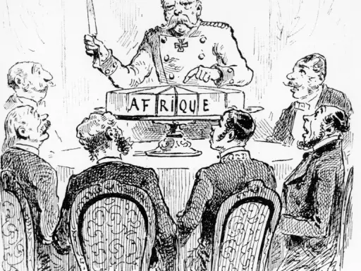 Bismarck teilt Afrika auf. Männer diskutieren die Bismarcksche Kolonialpolitik.
