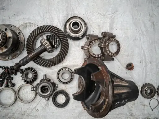 Rozłożony mechanizm różnicowy w skrzyni biegów: koła zębate, wałek atakujący, obudowa i łożyska.