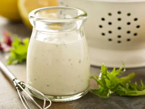 Ein Glas cremiges Ranch Dressing, daneben ein Schneebesen, Salatblätter und Zitronenspalten. Perfekt für dein Ranch Dressing Rezept!