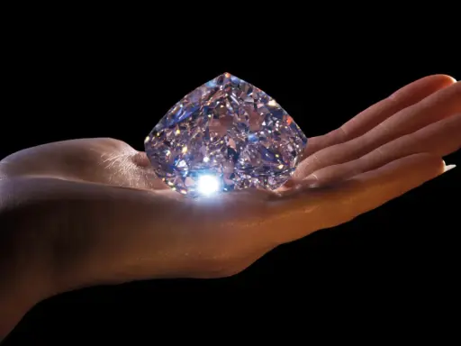 Mano che regge un enorme diamante scintillante, simbolo di eternità e amore. Il diamante significato è immenso.