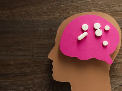 Papierowy profil głowy z różowym mózgiem, na którym leżą tabletki. Symbolizują one psychobiotyki na depresję, szukając ulgi dla umysłu.