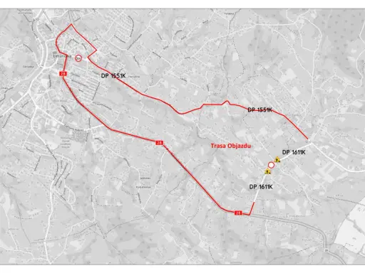 Mapa drogowa z zaznaczoną trasą objazdu wokół Limanowej, pokazująca drogi DP 1551K i DP 1611K.