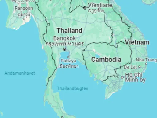 Karta över Sydostasien med Thailand, Bangkok och Pattaya. Här kan du se vilket språk man pratar i Thailand.