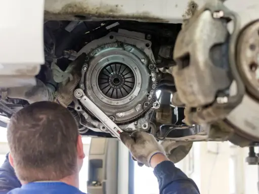 Mechanik dokonuje wymiany sprzęgła w Nissan Qashqai 1.6 benzyna. Widoczny jest mechanizm sprzęgła i narzędzia.