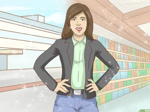 Donna con giacca e camicia, pronta a cambiare look. Sfondo con libreria e edificio moderno.