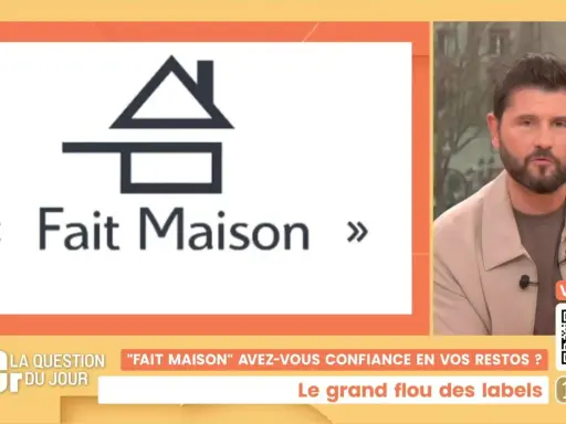 Logo "Fait Maison" sur un fond blanc, avec un homme à droite. Le débat porte sur la cuisine faite maison et la confiance dans les restaurants.