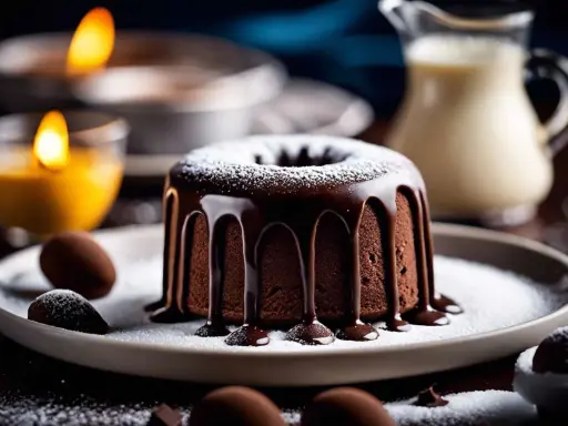 Un délicieux fondant au chocolat, nappé de glaçage et saupoudré de sucre glace, prêt à être dégusté.