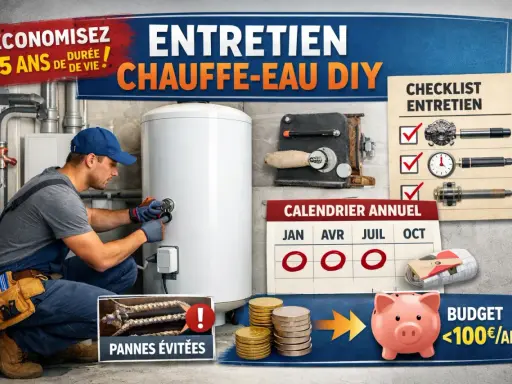 Un technicien effectue l'entretien d'un chauffe-eau. Un calendrier et une liste de contrôle suggèrent un entretien régulier pour éviter les pannes et économiser.