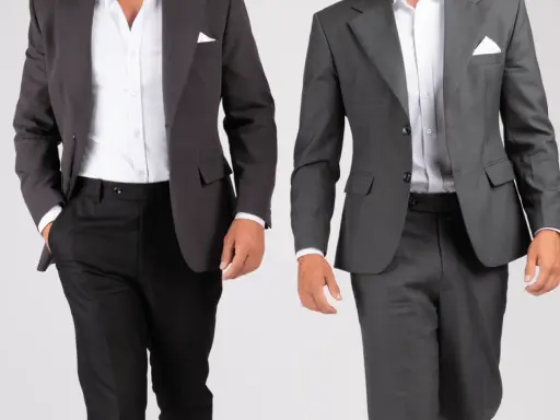 Two men in suits. The one on the left wears a dark grey sport coat with black pants. The one on the right wears a medium grey suit. Both are dressed for a wedding.