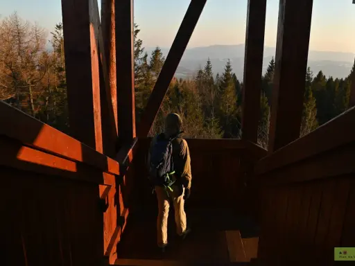 Turysta wchodzi po drewnianych schodach na wieżę widokową, podziwiając panoramę gór.