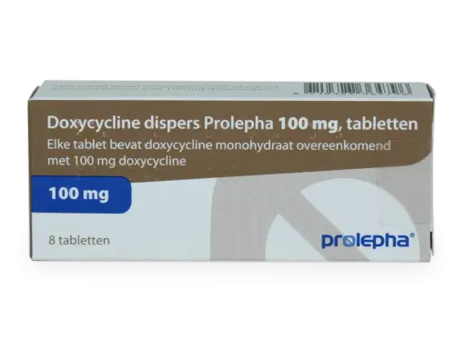 En förpackning med Doxycycline dispers Prolepha 100 mg tabletter. Läs bipacksedeln noga för information om doxycyklin biverkningar.