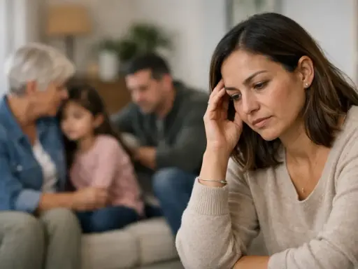 Donna preoccupata, mentre in sottofondo una nonna consola una bambina. Le malattie autoimmuni sono ereditarie, un peso che grava sulla famiglia.