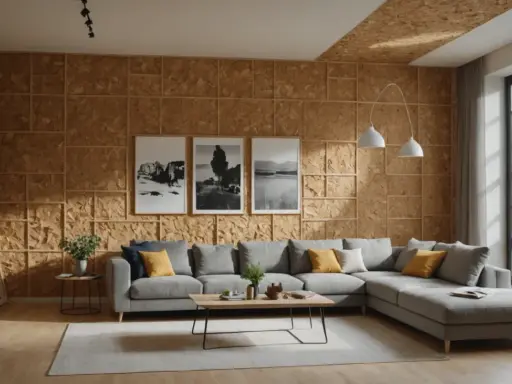 Salon moderne avec murs et plafond recouverts de **pièces en OSB**. Un canapé gris confortable, une table basse en bois et des tableaux noirs et blancs complètent l'espace.