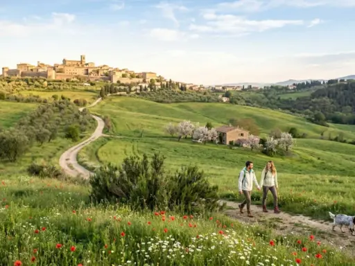 Coppia passeggia con cane tra fiori e ulivi, con un borgo medievale sullo sfondo, tipico dei borghi vicino Arezzo.
