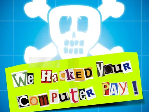 Bedrohlicher Totenkopf über einer Nachricht: "We Hacked Your Computer PAY!". Ein klares Zeichen für Ransomware auf Deutsch.