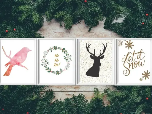 Cztery grafiki świąteczne: różowy ptak, wianek z napisem "Ho Ho Ho!", sylwetka jelenia i napis "Let it Snow" ozdobione płatkami śniegu.