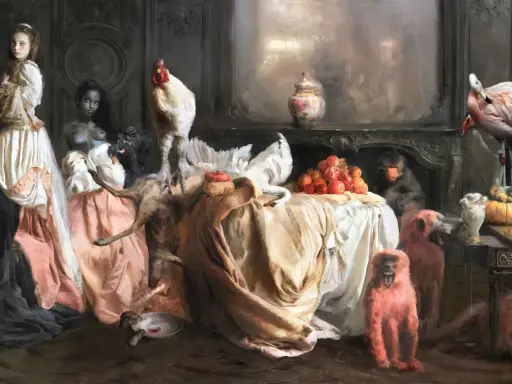 Guillermo Lorca malt eine surreale Szene mit Frauen, Affen, einem Hahn, einem Flamingo und einem toten Reh.