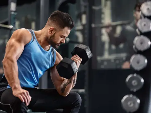 Ein Mann trainiert im Fitnessstudio mit Hanteln. Er fragt sich, wie oft ins Gym pro Woche er gehen sollte, um fit zu bleiben.
