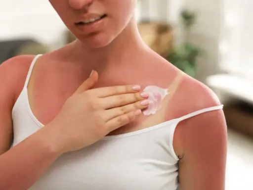 Une femme applique une crème apaisante sur son coup de soleil. Le Cicalfate aide à soulager la peau irritée.