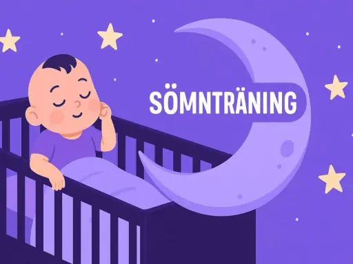 Söt sovrutin bebis i spjälsäng under en måne med texten "Sömnträning". Stjärnor lyser på natthimlen.