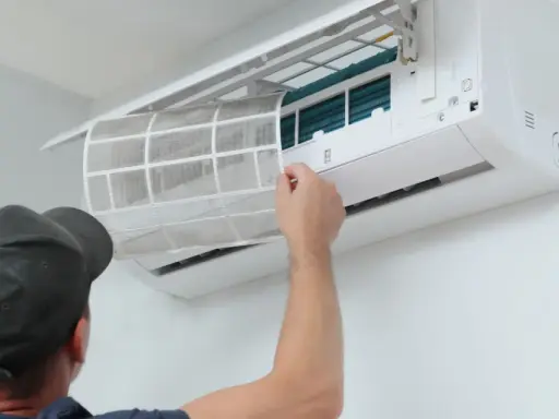 Un technicien retire un filtre sale d'une climatisation. Un entretien régulier est essentiel pour le prix et l'efficacité de votre climatisation.