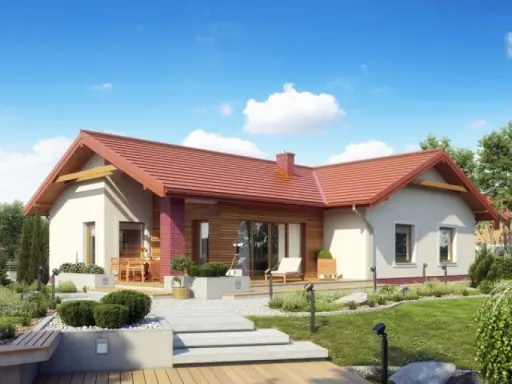 Nowoczesny projekt domu parterowego z czerwonym dachem, otoczony zielonym ogrodem i tarasem.