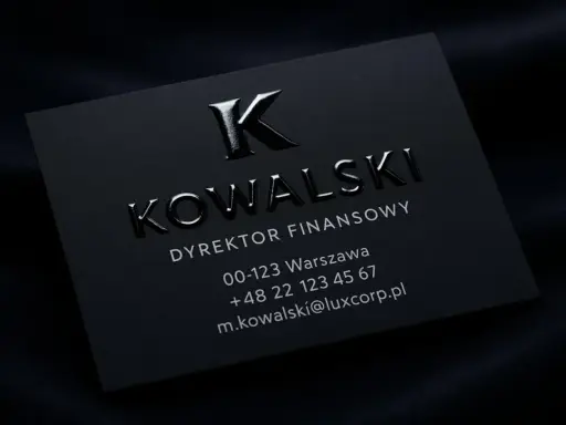 Czarna wizytówka z wypukłym, błyszczącym logo "K" i nazwiskiem "KOWALSKI", wykonana techniką lakier UV 3D.