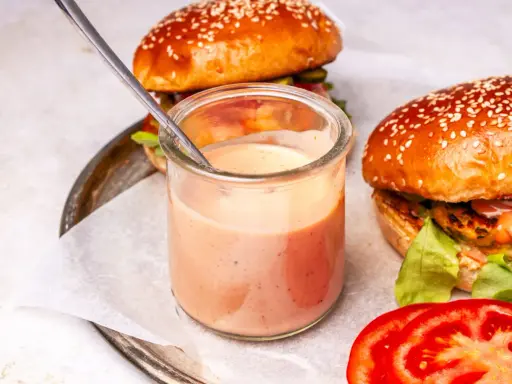 Ein Glas mit cremiger, rosafarbener beste burger sauce steht neben zwei saftigen Burgern. Ein Löffel ragt aus dem Glas.