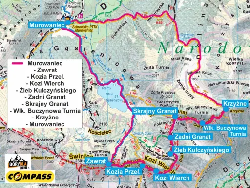 Mapa szlaków Orla Perć: Murowaniec, Zawrat, Kozi Wierch, Skrajny Granat, Zadni Granat, Krzyżne i inne szczyty.