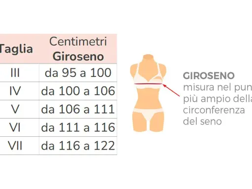 Tabella taglie con misure giroseno. La taglia IV corrisponde a 100-106 cm di circonferenza seno.