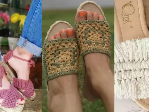 Tres pares de alpargatas de crochet para mujer: rosas con tiras, verdes y beige con diseño de granny square, y blancas con flecos.