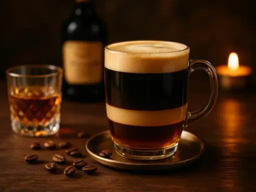 Un delicioso café con licor, con capas de crema y café oscuro, junto a un vaso de whisky y granos de café.