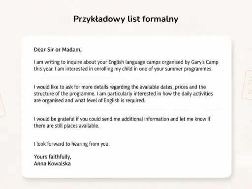 Przykładowy list formalny pokazuje, jak napisać list po angielsku do obozu Gary's Camp, pytając o szczegóły programu.