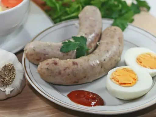 Biała kiełbasa z jajkiem i ketchupem, obok czosnek i natka. Idealne dodatki, jakie przyprawy do białej kiełbasy?