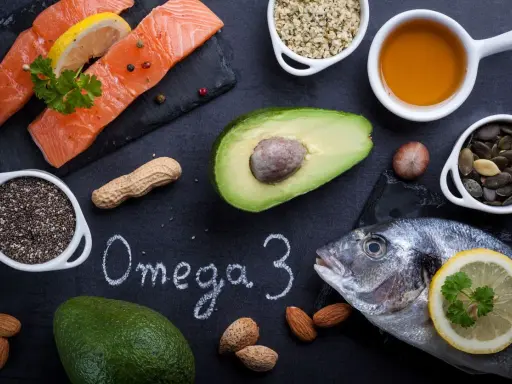 Fisk, avokado och nötter som källor till omega 3.