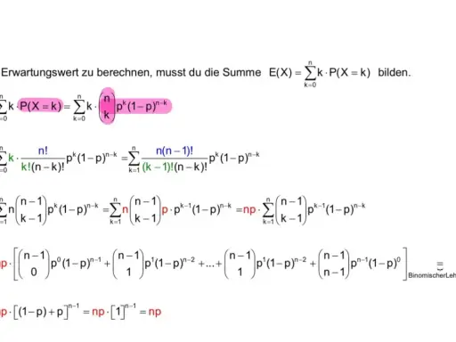 Beweis der Erwartungswert Formel: E(X) = np. Die Formel zeigt die schrittweise Berechnung des Erwartungswerts.
