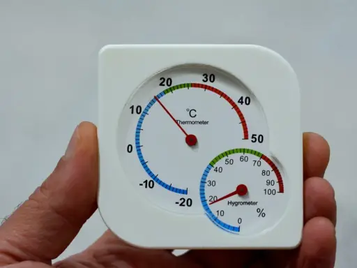 Termómetro y higrómetro en mano. La temperatura es de 10°C y la humedad es del 20%, buscando la humedad ideal.