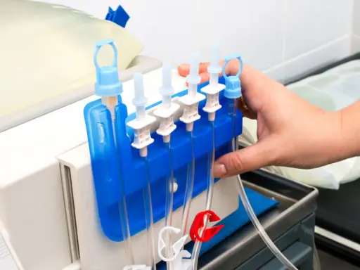 Ręka przygotowuje sprzęt do dializy w domu. Widać aparat, worek z płynem i system przewodów.