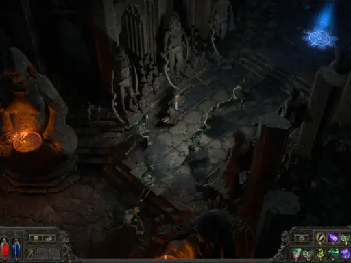 Postać walczy z szkieletami w mrocznej lokacji, przypominającej ruiny. To scena z Path of Exile 2.