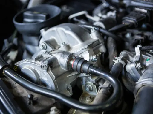 Primer plano del motor de un coche, mostrando el alternador y otras piezas. Podría ser la causa de un fallo alternador coche.