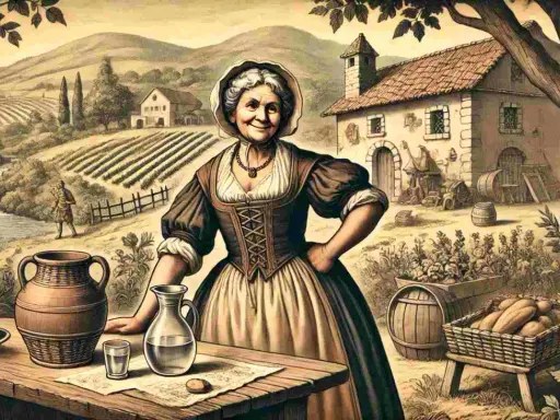 Una donna anziana, che ricorda Perpetua dei Promessi Sposi, sorride in un paesaggio rurale con vigneti e una cascata.