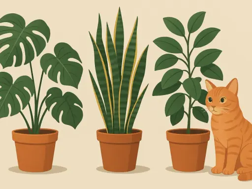 Pomarańczowy kot siedzi obok doniczek z roślinami: monstera, sansewieria i fikusa.