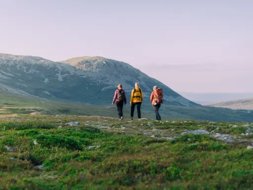 Tre vänner på vandring i Idre njuter av den vidsträckta fjällnaturen i solnedgången.