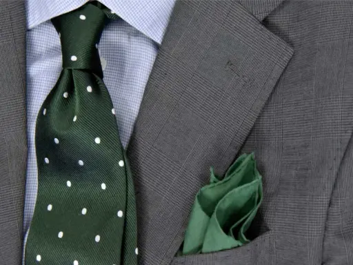 Zielony krawat w kropki do niebieskiej koszuli i szarej marynarki. Elegancka stylizacja.