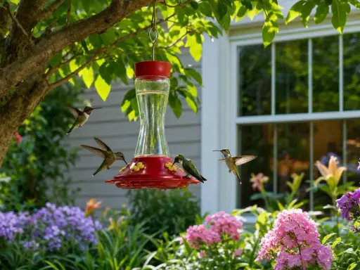 Quatre colibris s'approchent d'un abreuvoir rouge vif, entouré de fleurs colorées. Un colibri boit, un autre attend son tour, et deux autres volent autour.