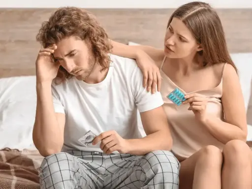 Zmartwiony mężczyzna z prezerwatywą, kobieta z tabletkami. Jak poprawić potencję przy nadciśnieniu?
