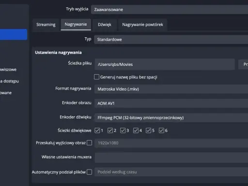 Ustawienia nagrywania wideo: ścieżka pliku, format .mkv, enkoder AOM AV1, dźwięk FFmpeg PCM, rozdzielczość 1920x1080, czyli **full HD jaka to rozdzielczość**.